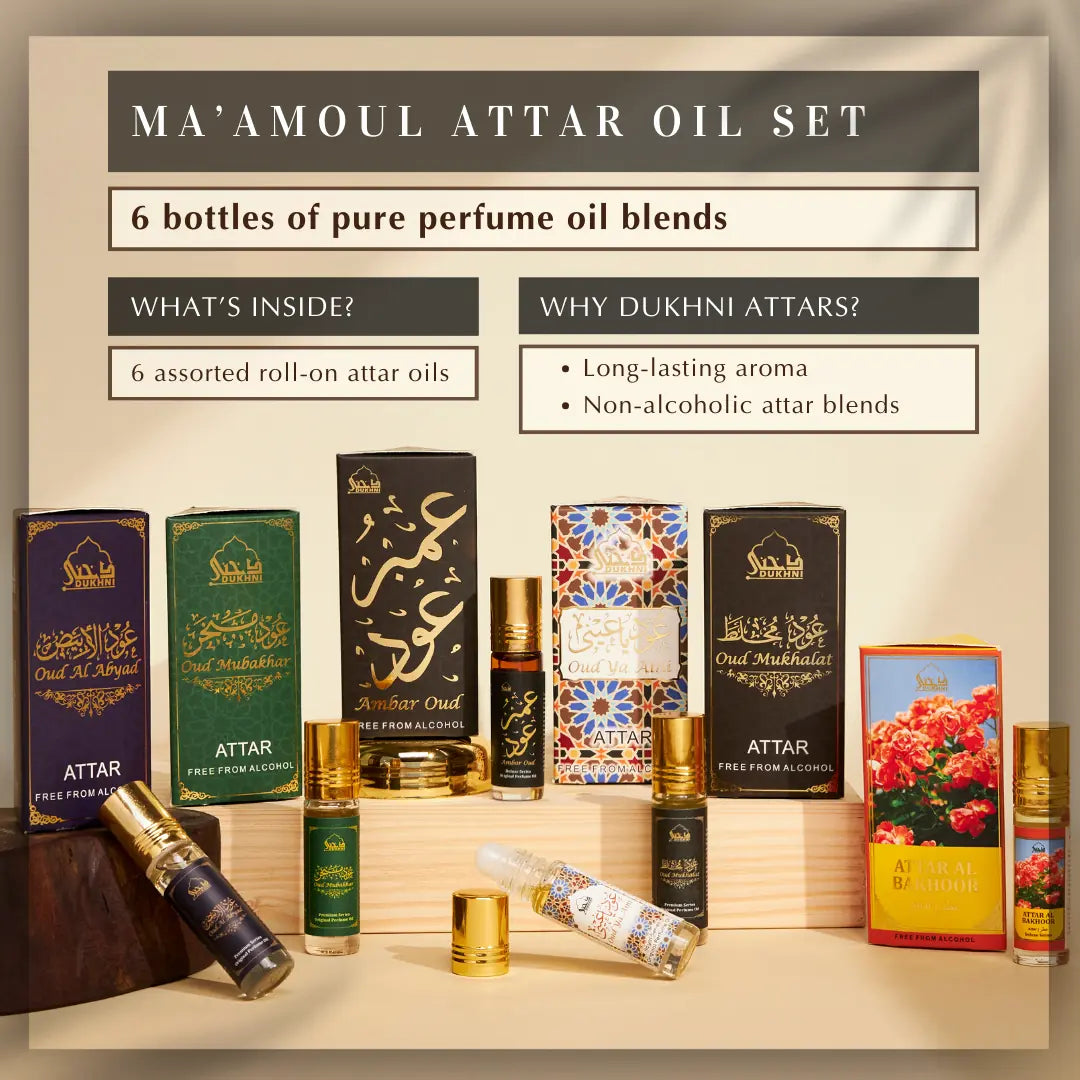 Maamoul Attar Oil Set 6 Non Alcoholic Assorted Roll On Attar Oil Blends Long Lasting Aroma Lasts For 14 Hours UK