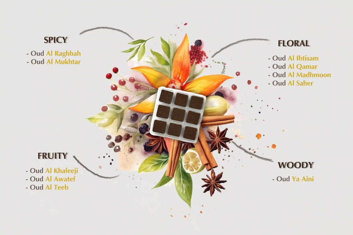 assortment of scents non-toxic easy to use smokeless bakhoor