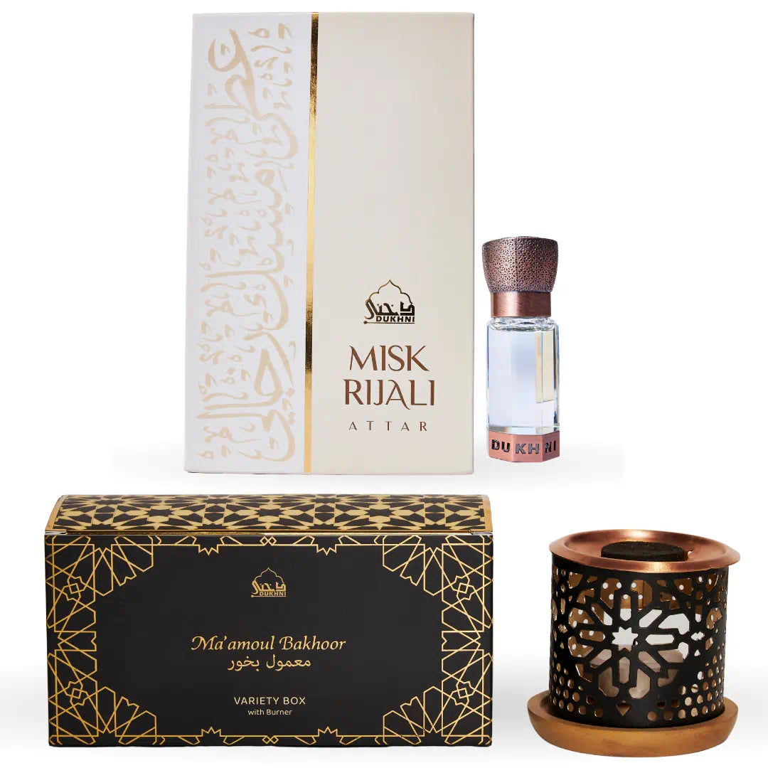 Ma'amoul Bakhoor Variety Box with Smokeless Burner + Misk Rijali Attar