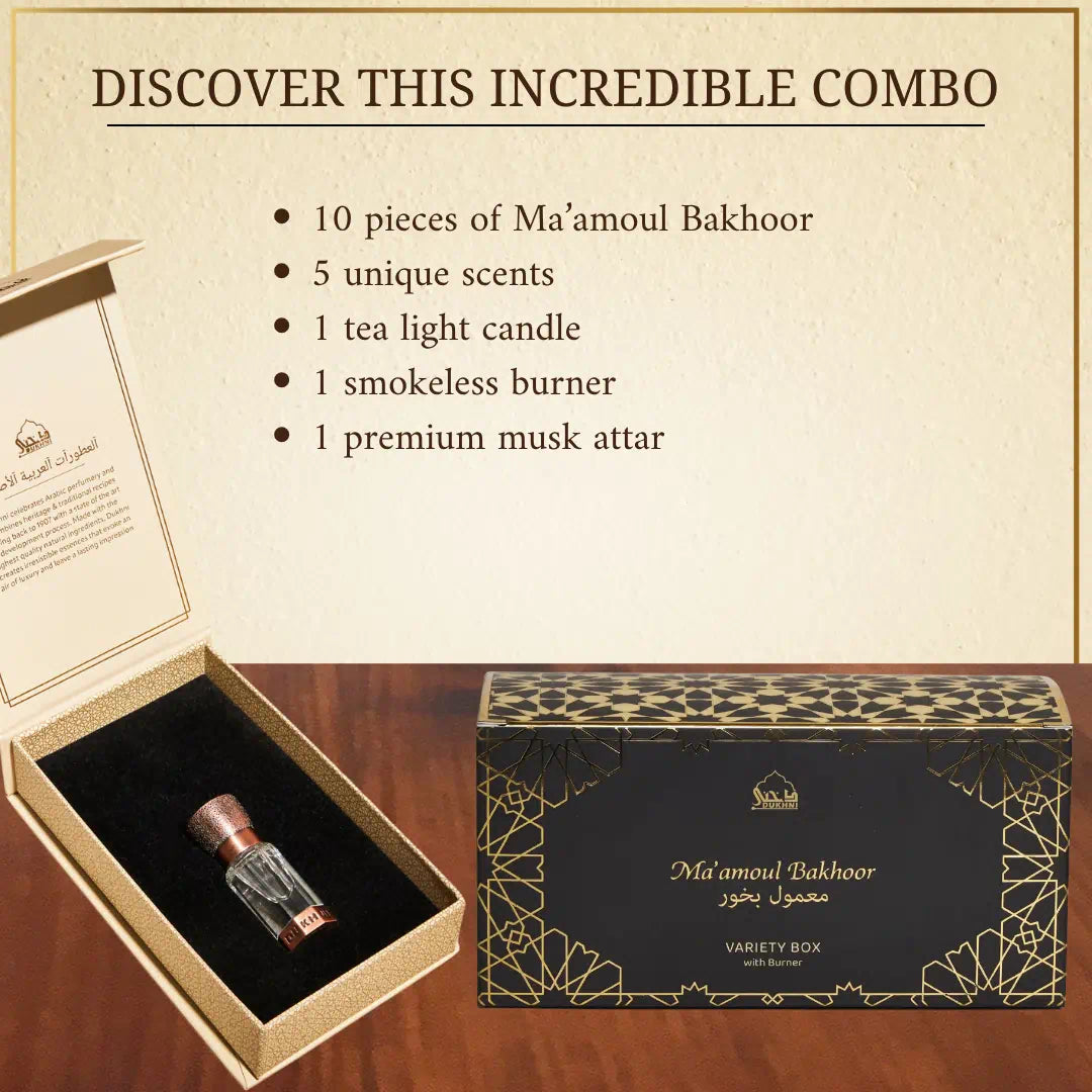 Ma'amoul Bakhoor Variety Box with Smokeless Burner + Misk Rijali Attar