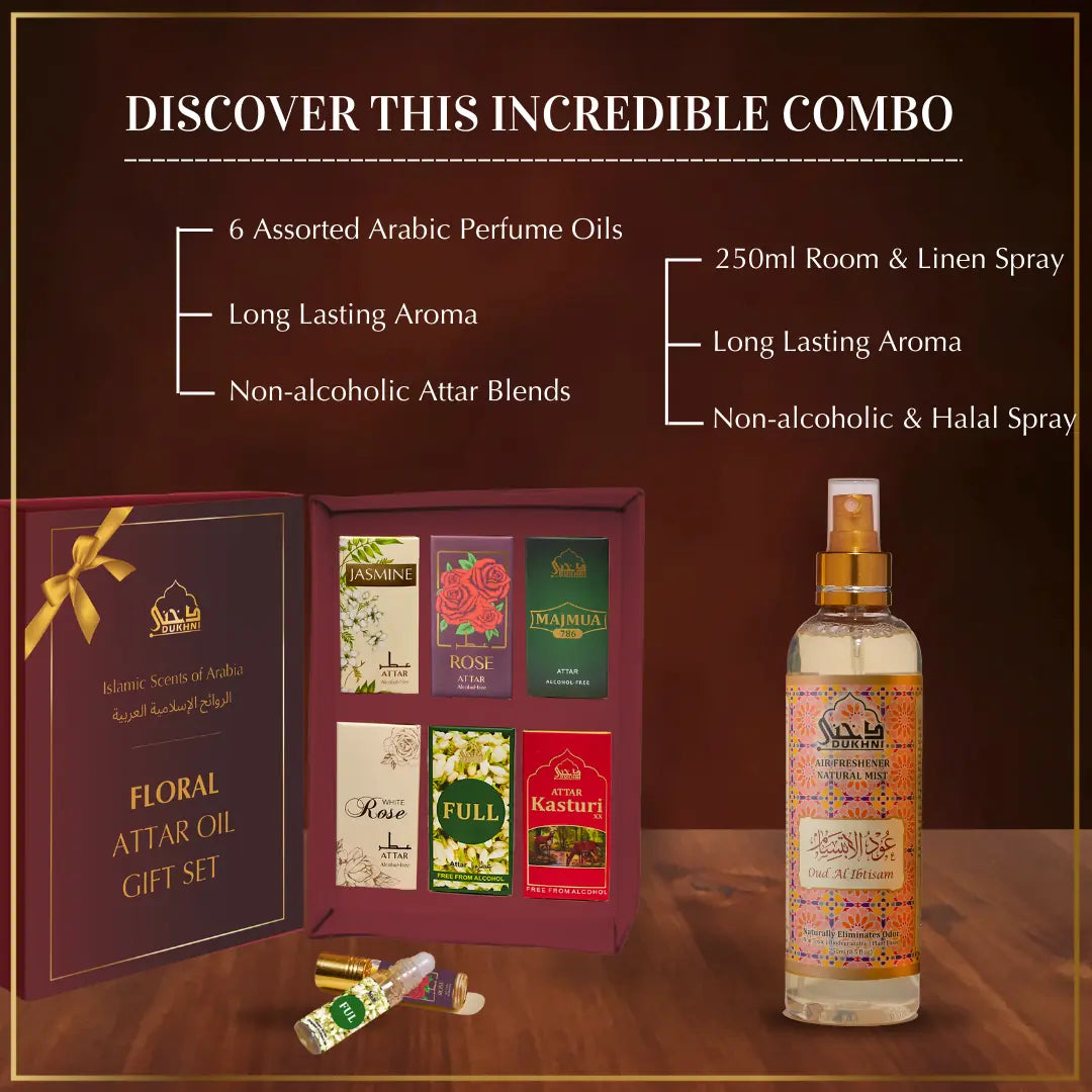6 6ml Floral Non Alcoholic Arabic Roll On Perfume Oils And 250ml Oud Ibtisam Room Spray Natural Mist Air Freshner UK