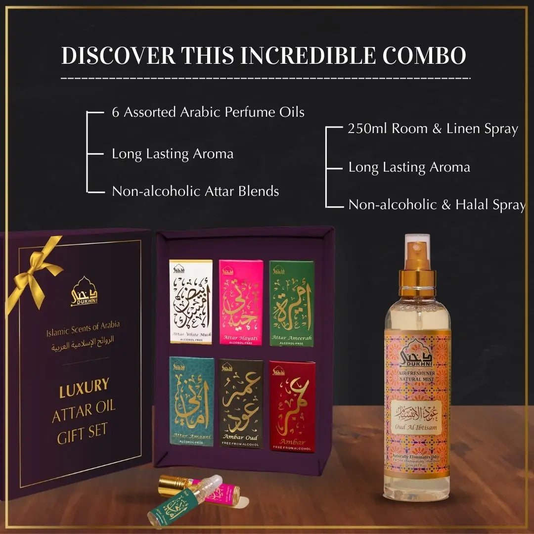 6 6ml Luxury Non Alcoholic Arabic Roll On Perfume Oils And 250ml Oud Room Spray Natural Mist Air Freshener UK