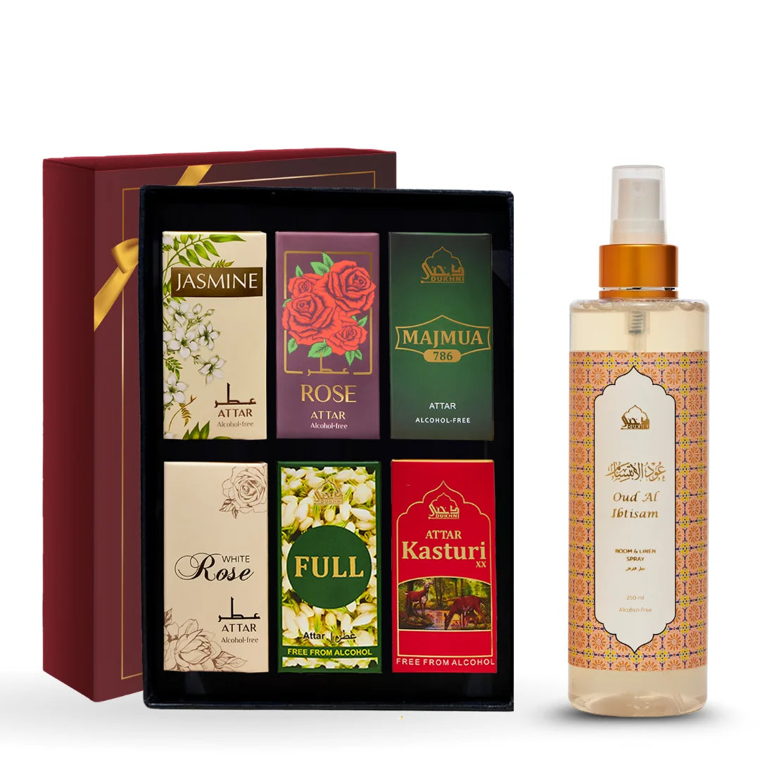 Dukhni Floral Attar Oil Set And Oud Al Ibtisam Room And Linen Spray Combo UK