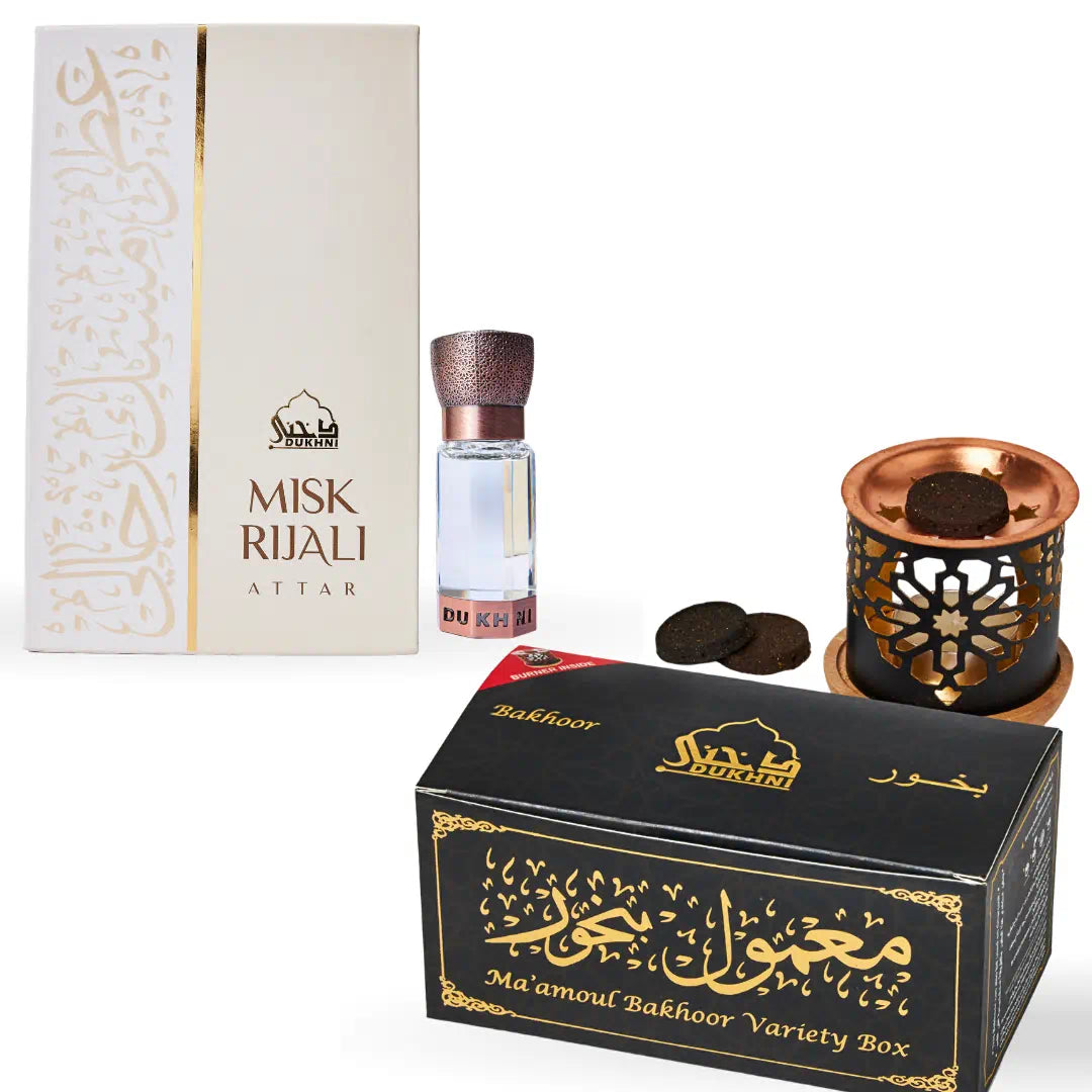 Dukhni Maamoul Bakhoor Variety Box With Burner And Misk Rijali Attar Oil Combo Eid Gift 