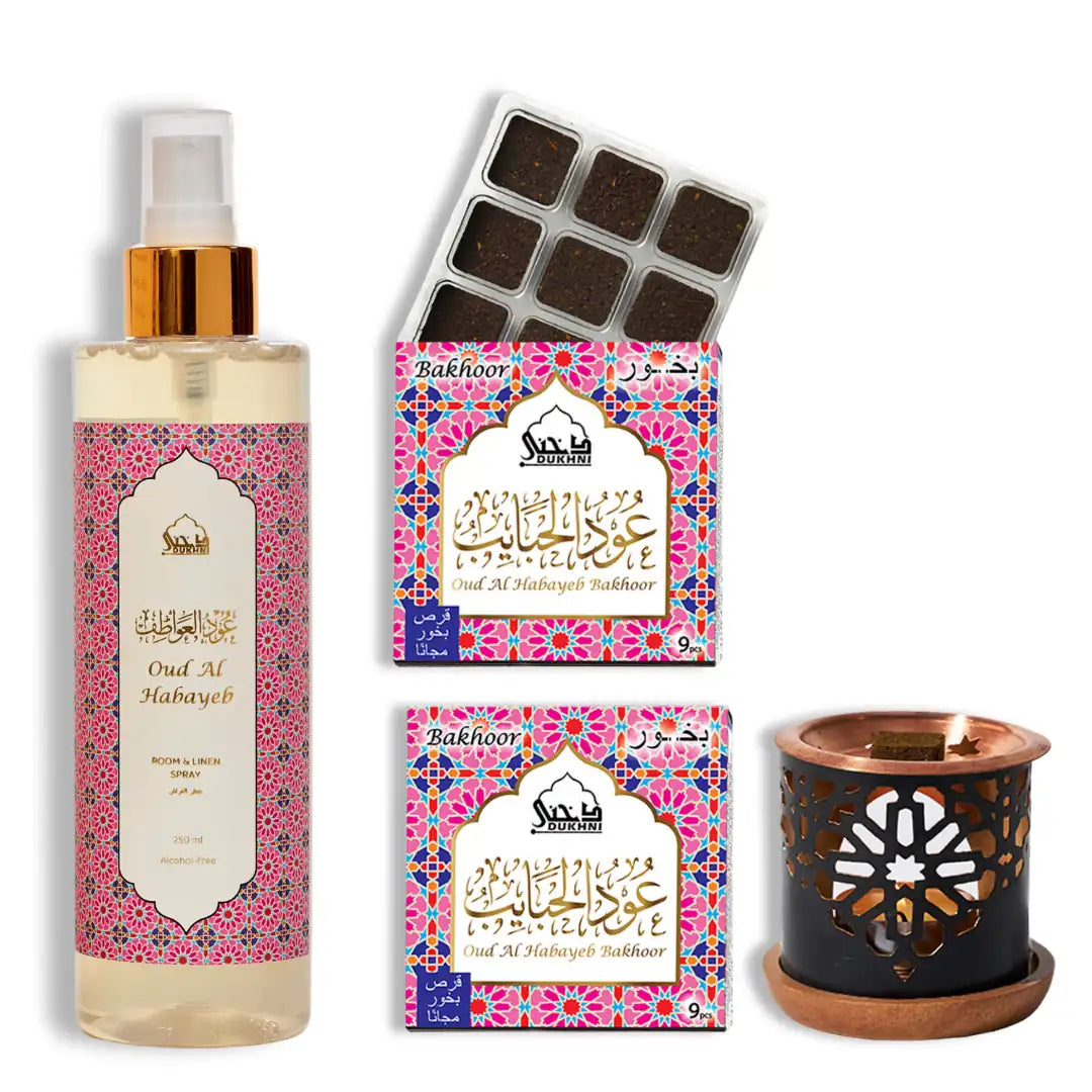 Dukhni Oud Al Habayeb Bakhoor And Room And Linen Spray Bakhoor And Mist Combo UK