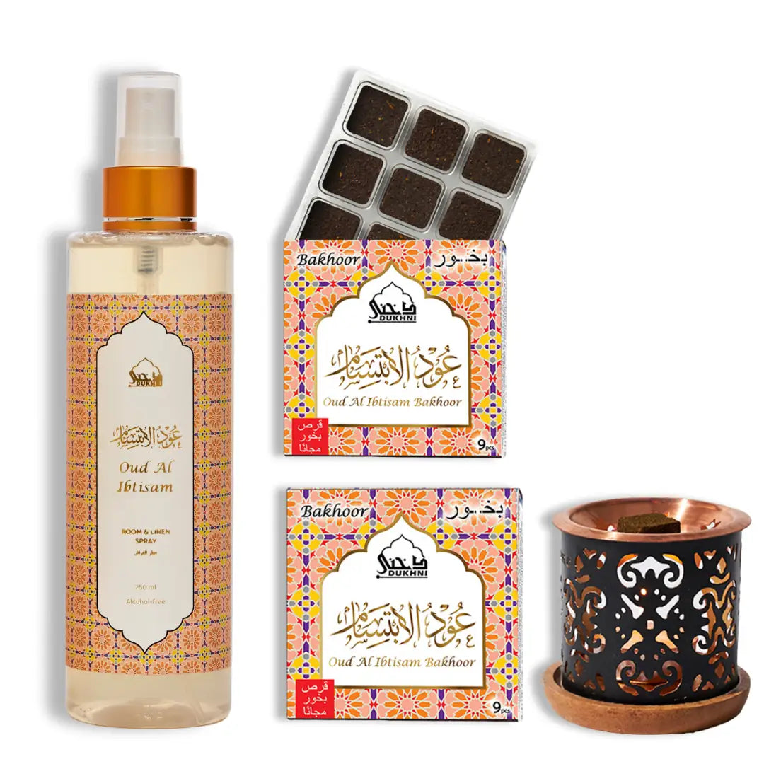 Dukhni Oud Al Ibtisam Bakhoor And Room And Linen Spray Combo UK