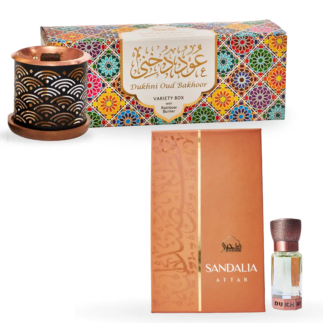 Dukhni Oud Bakhoor Variety Box With Burner And Sandalia Attar Oil Combo Eid Gift UK
