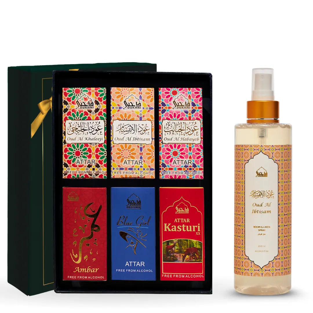 Dukhni Premiere Attar Oil Set And Oud Al Ibtisam Room And Linen Spray Combo UK