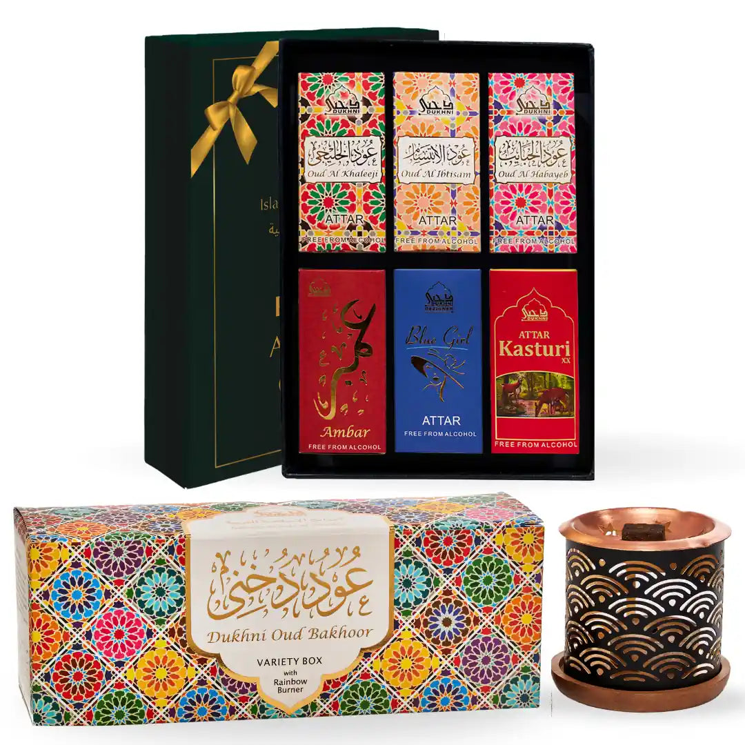 Dukhni Oud Bakhoor Variety Box With Burner And Premiere Attar Oil Set Combo Eid Gift UK