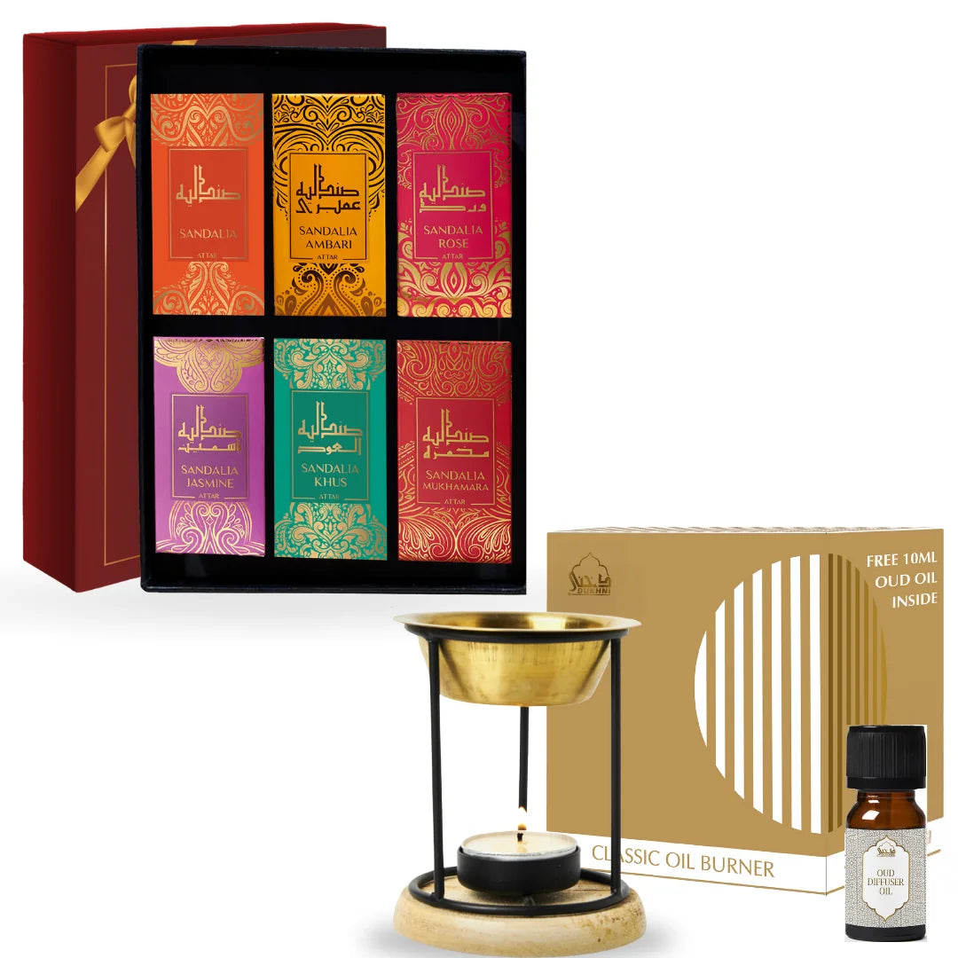 Dukhni Sandalwood Attar Oil Set And Classic Diffuser Oil Burner Combo UK