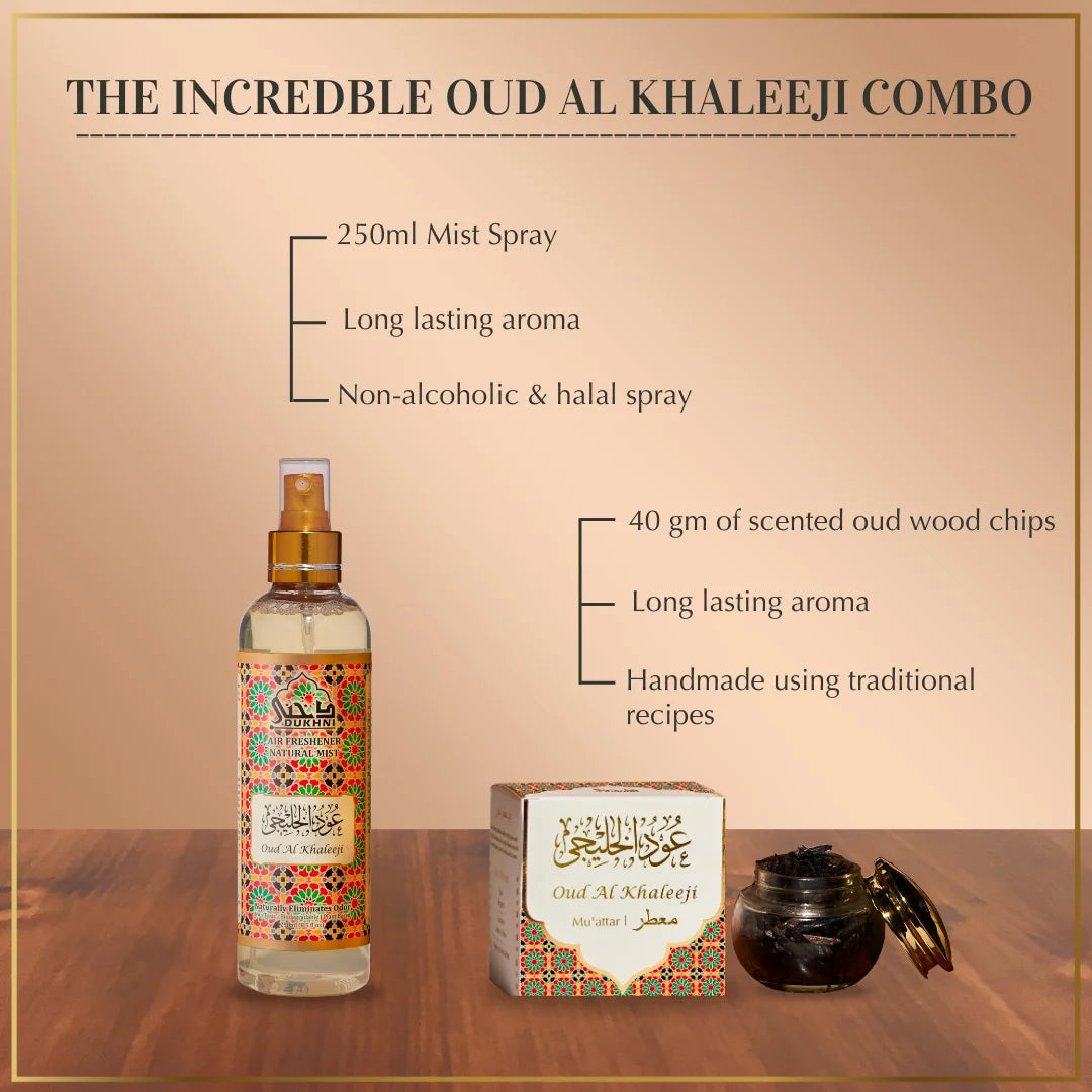 Get 40 Grams Khaleeji Muattar Bakhoor Scented Oud Woodchips Jar And 250ml Mist Spray In This Combo UK																							