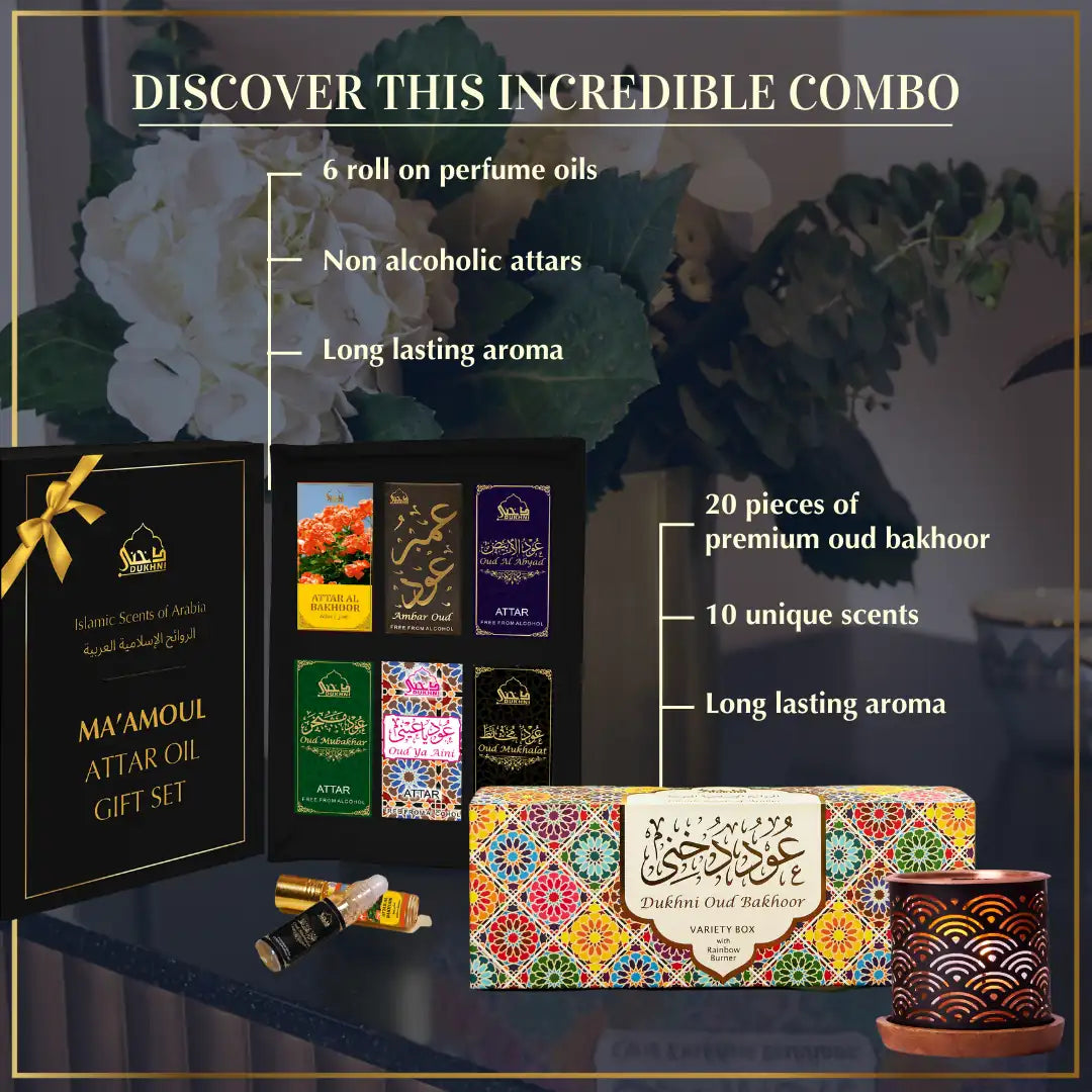 Oud Bakhoor Variety Box with Burner + Ma'amoul Attar Oil Set