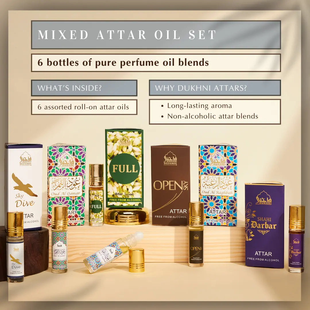Mixed Attar Set 6 Non Alcoholic Assorted Roll On Attar Oil Blends Long Lasting Aroma Lasts For 14 Hours UK