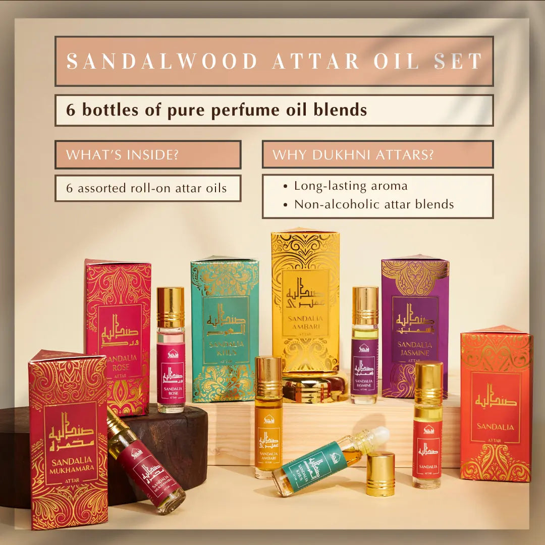 Sandalwood Attar Oil Set 6 Non Alcoholic Assorted Roll On Attar Oil Blends Long Lasting Aroma Lasts For 14 Hours UK