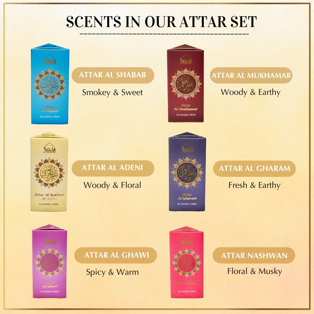 Scent Description Floral Spicy Woody Earthy Scents In Dukhni Yemeni Attar Set Assorted Scents Perfect Gift For Eid UK