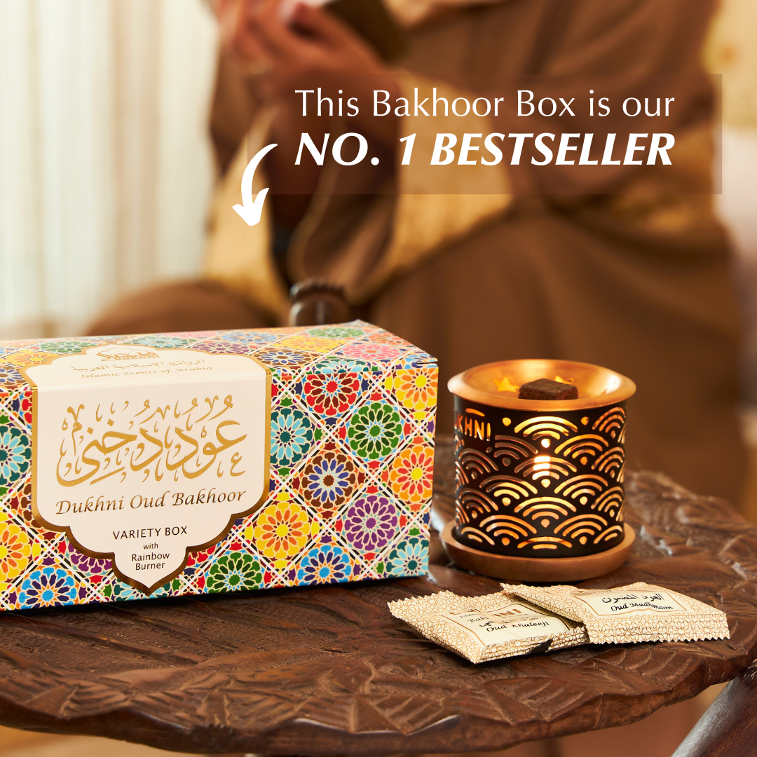 Dukhni Oud Bakhoor variety box with smokeless bakhoor burner, offering a range of aromatic experiences, available in the UK
